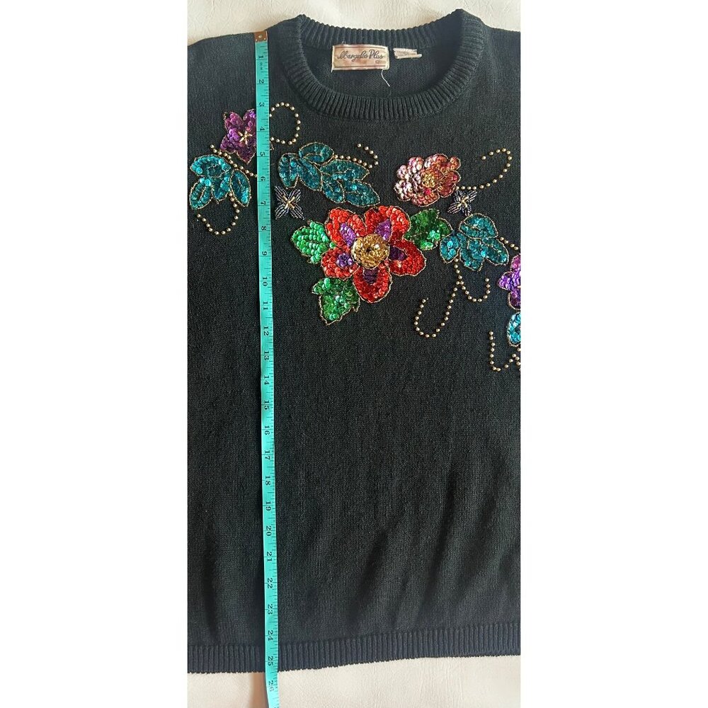 Vintage Womens Lg (estimated) Sweater Black Sequin Floral 80s Old Money - Picture 8 of 8